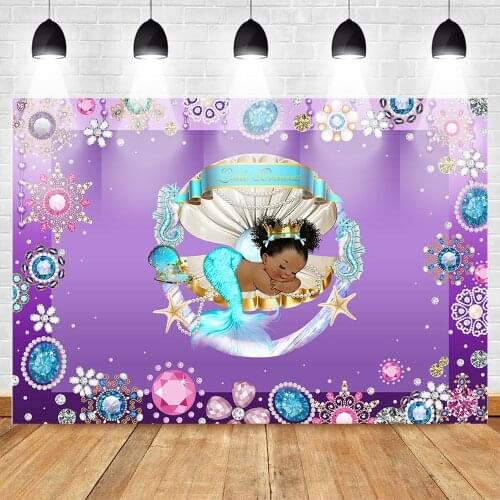 Royal Mermaid Baby Shower Backdrop Under The Sea Shell Dark Skin Baby Girl Mermaid Background Mermaid Theme Party Decoration