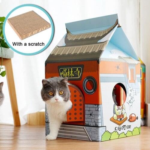 Corrugated Papper Milk Box Cat House Bed Collapsible Cat Scratcher Cardboard Pad Kitten Nest For Pet Cat Cartoon Home Supplies
