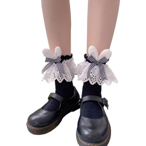 K3NF Japanese Lolita Embroidery Lace Short Crew Socks Kawaii Rabbit Bunny Ears Plaid Bowknot Ruffled Harajuku Anklet Hosiery for