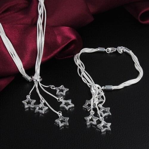 Hot Popular brands 925 sterling Silver fine star necklace bracelet for women Jewelry set Party wedding lady classic Holiday gift