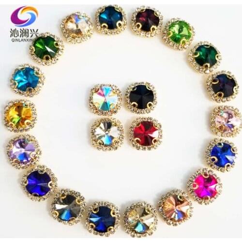 Mix color Round shape top glass crystal rhinestones with hole,golden bottom sew on stone for Diy Clothing accessories