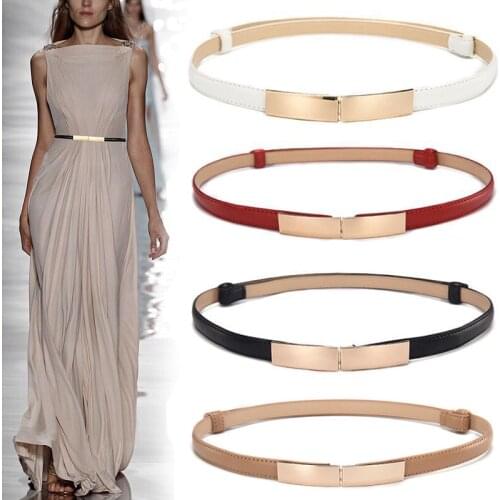 Fashion Elegant Women Leather Belt Thin Skinny Metal Gold Buckle Waistband Belt Ladies Dress Accessories cinturones para mujer