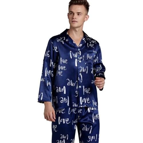 Mens Stain Silk Pajama Set Long-sleeved Pants Print Letter Cardigan Sleepwear Soft RayonNightgown Men Summe