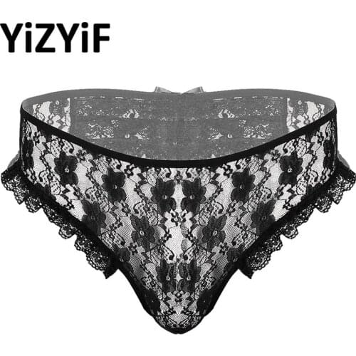 Mens Briefs Underwear Sheer Floral Lace Sissy Lingerie Low Rise Crotchless G-string Briefs Gay Sexy Underwear Mens Sissy Panties