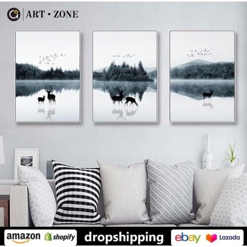 Landscape lakefront deer Animal posters prints canvas paintings wall art for living room decor for bedroom aesthetic Artwork