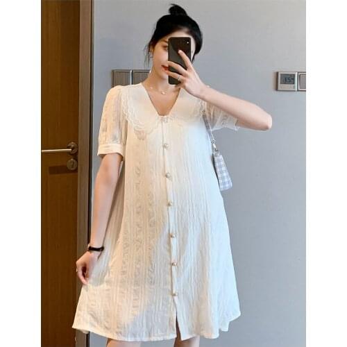 New maternity dress small fragrance short-sleeve mid-long doll collar solid color large size maternity dress