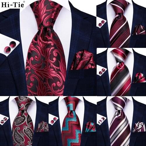 Hi-Tie Burgundy Floral Striped Silk Wedding Tie For Men New Design Mens Necktie Hanky Cufflinks Set Business Party Dropshipping