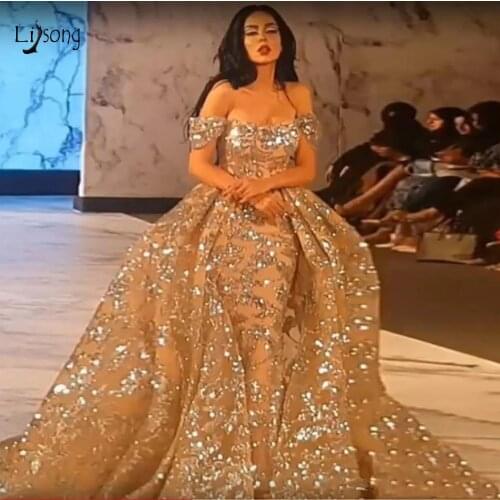 Saudi Arabic Gold Sparkle Lace Mermaid Prom Dresses Detachable Train Luxury Dubai Evening Gowns Off The Shoulder Abendkleider
