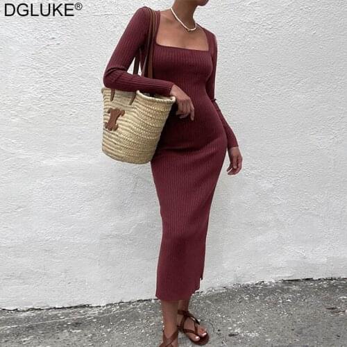 2021 Knitted Bodycon Midi Dress Square Neck Long Sleeve Autumn Winter Dress Fashion Sexy Slit Sheath Casual Dress