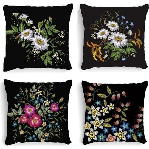 Vintage Black Flower Cushion Cover 45x45cm Soft Throw Pillow Case for Sofa Living Room Decorative Pillows Home Decor Pillow Case