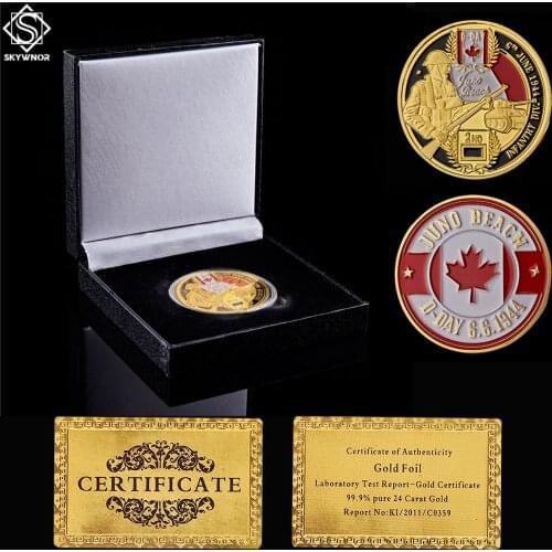 World War II France Normandy Landing Juno Beach Canadian 2nd Infantry Division Gold Challenge Coin W/ Luxury Coin Box