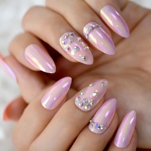 High Quality Artificial Fingernails Nail Tips Light Pink With Rhinestones Fake Nails Mirror Full Cover Nail Tip 24 pcs