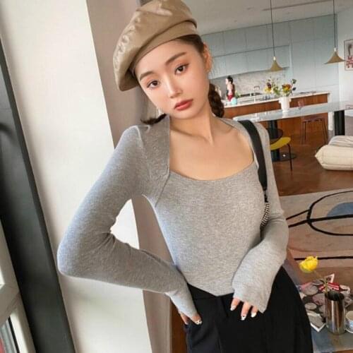 New Spring Autumn Fashion Square Collar Long Sleeve Slim T-Shirt Women Vintage Bodycon Basic Tees Casual Ladies Top