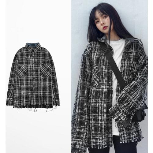Womens Bf Style Harajuku Oversize Loose Long Sleeve Blouse Jacket Female Vinatge Plaid Single Breasted Shirt Tops For Women