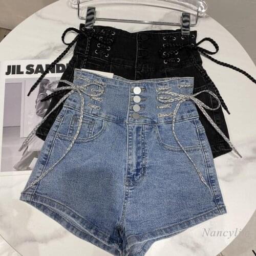 Blue Denim Shorts for Women 2021 Spring and Summer New Single-Breasted High Waist with Straps Bow Hot Pants Blue Black Femme