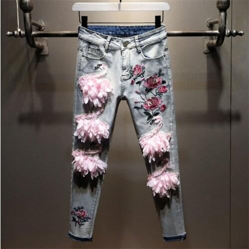 European Style Women Jeans 2020 Spring Autumn Swan Embroidered Cowboy Jeans Female Students Denim Pencil Trousers Skinny