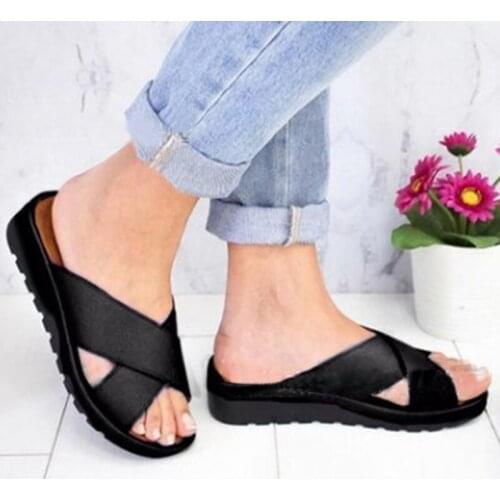Women Slip On Flat Sandals Open Toe Low WedgesThick Sole Beach Pool Slippers H9