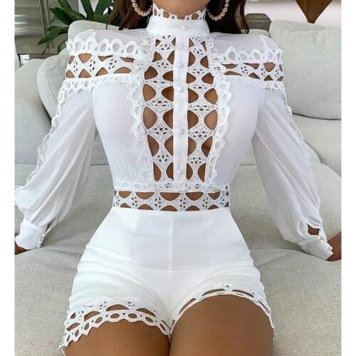 2021 Fashion Women Lace Hollow Elegant Playsuits Long Sleeve Turtleneck Bodycon Romper Jumpsuits Female Summer Fall Clothes