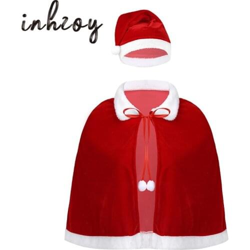 Women Adult Christmas Costume Red Velvet Santa Mini Cape Shawl with Hat Sets Holiday Xmas Fancy Cosplay Carnival Party Dress Up