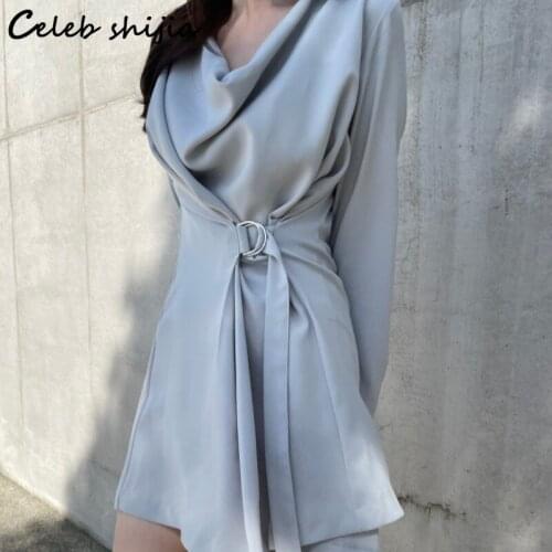 Chic Gloss Satin Dress Woman Fall 2021 Lace Up Blue Gray Elegant Mini Dress Vestido Korean Fashion Autumn Irregular Clothing