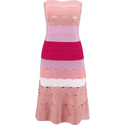 Womens Fashion Jacquard Bandage Dress 2021 Summer Strapless Patchwork A Line Elegant Celebrity Mini Evening Party Dresses