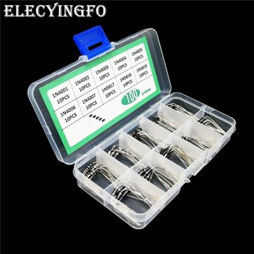 10 values x10pcs 100pcs Rectifier diode kit 1N4001 1N4002 1N4003 1N4004 1N4005 1N4006 1N4007 1N5817 1N5818 1N5819
