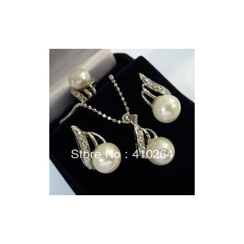 Free shipping $wholesale_jewelry_wig$ Shipping bridai GP inlay crystal White Pearl Earrings Ring Necklace Pendant Set