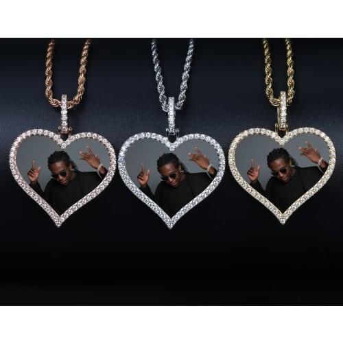 Custom Made Photo Heart Medallions Necklace & Pendant With 4mm Tennis Chain AAA Cubic Zircon Mens Hip hop Jewelry