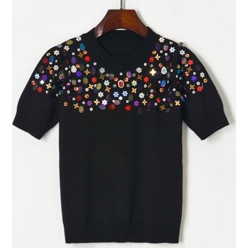 Color Sequined T Shirt Women 2021 Thin Summer Tops Fashion Knitwear 3D Beaded Round Neck Short Sleeve Slim Tshirt White Tops