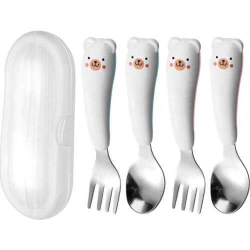 Baby Gadgets Tableware Stainless Steel Cute Cartoon Short Spoon Eating Training Spoon Short Fork Non-Slip Handle Kids Dinnerware