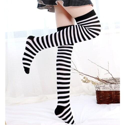 New 1 Pair Black White Striped Long Stocking Women Warm Cotton Over The Knee Socks Sexy Thigh High Stockings Autumn Winter