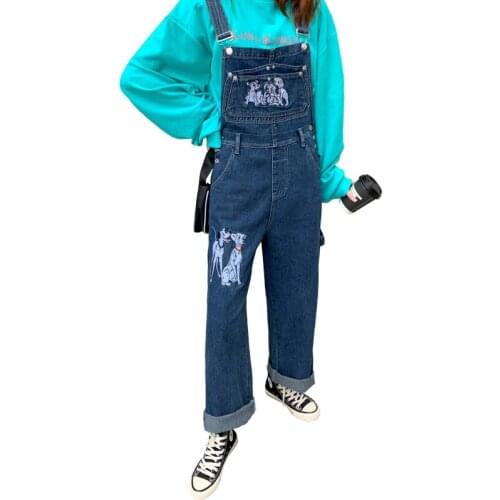 New Jeans Women Jumpsuit Cotton Vintage Washed Cartoon Dalmatian Embroidery Large Pockets Bib Pants Loose Overalls Denim Rompers
