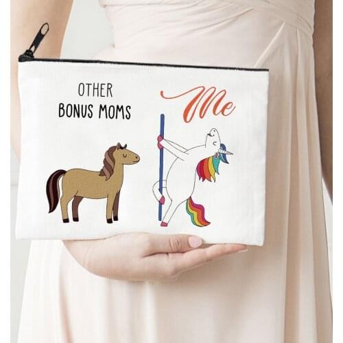 Mom Makeup Bag Flowers Alphabet Printed Canvas Storage Bag Funny Horse Cosmetic Bags for Bride Proposal Gift Animal Prints