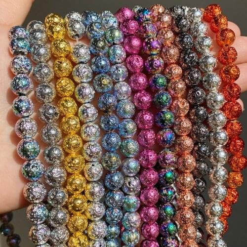 Rose Gold Silver Color Natural Lava Stone Round Hematite Beads for Needlework Jewelry Making Bracelet Necklace Accessories 15