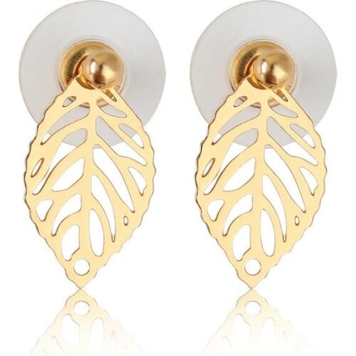 Small Piercing Bead Golden Silver Plated Hollow Leaf Stud Earrings for Women