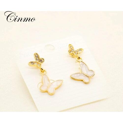 Cinmo Cute Butterfly Piercing Drop Earrings Statement Korean Full Crystal Earrings For Women Girls Wholesale Jewlery Gift