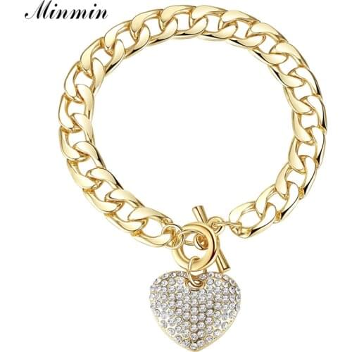 Minmin Lovely Gold/Silver Color Bracelets for Women Heart Crystal Pendant Thick Chain Bracelets & Bangles Fashion Jewelry MSL063