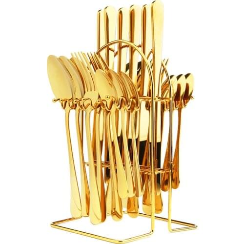 24pcs Stainless Steel Gold Tableware Set Knife Fork Spoon Luxury Cutlery Set With Storage Rack Dishwasher Safe Dinnerware Set