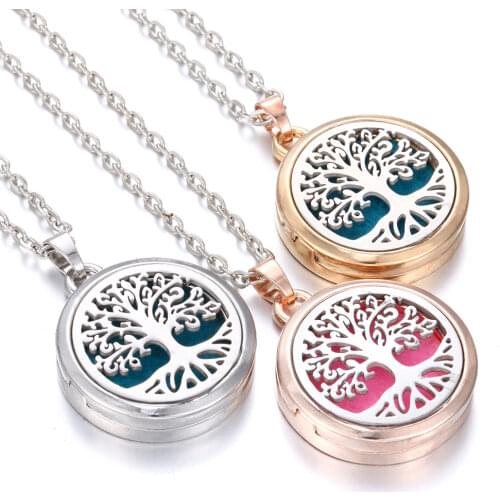 New Aromatherapy Necklace Diffuser Pendant Rose Gold 28mm Magnetic Aroma Locket Stainless Steel Tree of Life Necklace