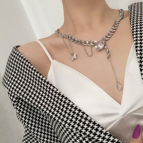 TIMEONLY Delicate Butterfly CZ Zirconia Choker Necklaces for Woemn Chunky Hollow Cuban Chain Necklace Hip Hop Fashion Jewelry