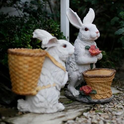Pastoral Simulation Animal White Rabbit Succulent Plant Flowerpot Resin Ornaments Outdoor Courtyard Figurines Decoration Crafts
