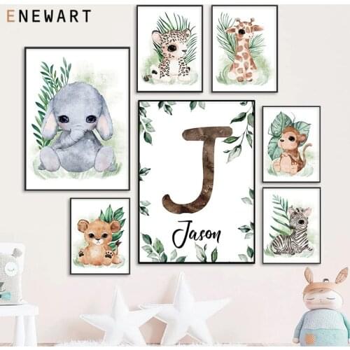 Customized Personalized Name Canvas Painting Pictures Tropical Leaf Jungle Animals Wall Art Nordic Print Poster Kids Room Decor