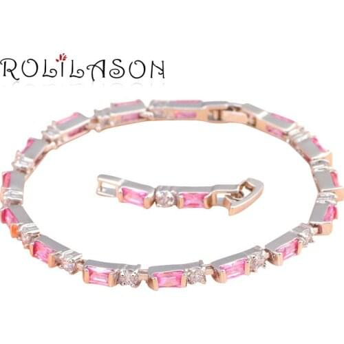 ROLILASON simple chic design rectangle light pink crystal zircon silver chain Bracelets gift for women fashion jewelry TBS779