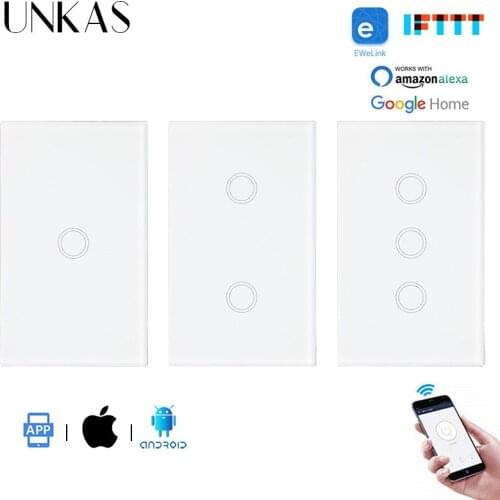 UNKAS Luxury Crystal Panel US Standard WIFI Touch Switch Ewelink APP Smart Home Automation 1/2/3 Gang Switch Null and Fire Line