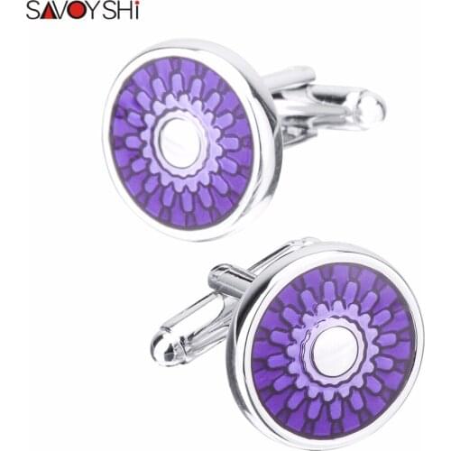 SAVOYSHI Purple Enamel Chrysanthemum Patterns Cufflinks For Men Shirt Cuff nails High Quality Round Business Cufflink Groom Gift
