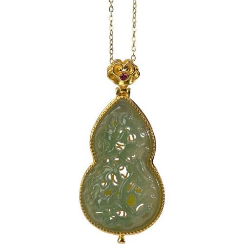 S925 sterling silver gold plated gray jade Chinese style Xiangyun cloisonne gourd hollow-out perfume bag pendant