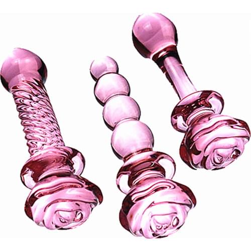 Glass Dildo Pink Rose Flower Shape Vaginal Anal Butt Plug Self Comfort Masturbator Sex Toys for Woman