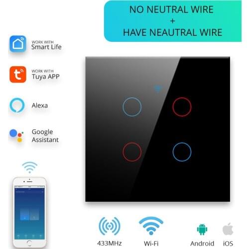 Tuya WiFi Touch Smart Switch Light Without Neutral Wire Glass Wall EU UK Two-Way Control 110 - 220V Timer For Alexa Google Home