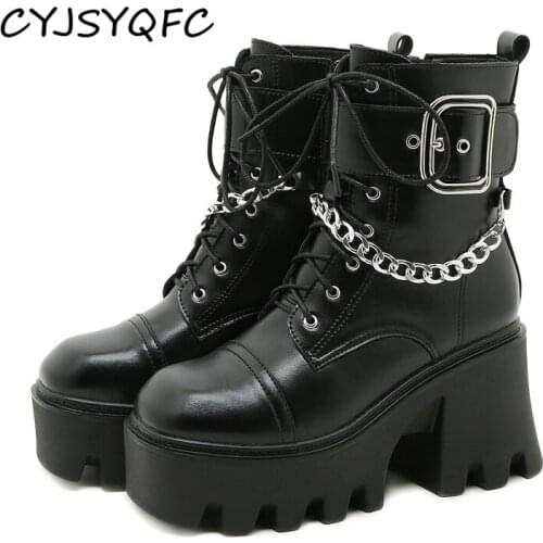 CYJSYQFC Sexy Chain Combat Boots For Women Punk Dark Platform Chunky Heels Lace Up Side Zip Woman Motorcycle Boots Top Quality