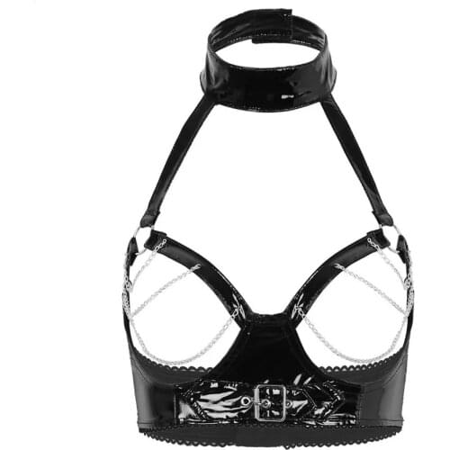 Women Sexy Shiny Leather Bra Hollow Out Erotic Porn Breast Exposing Glossy Wetlook Latex Tops Adjustable Halter Neck With Chain